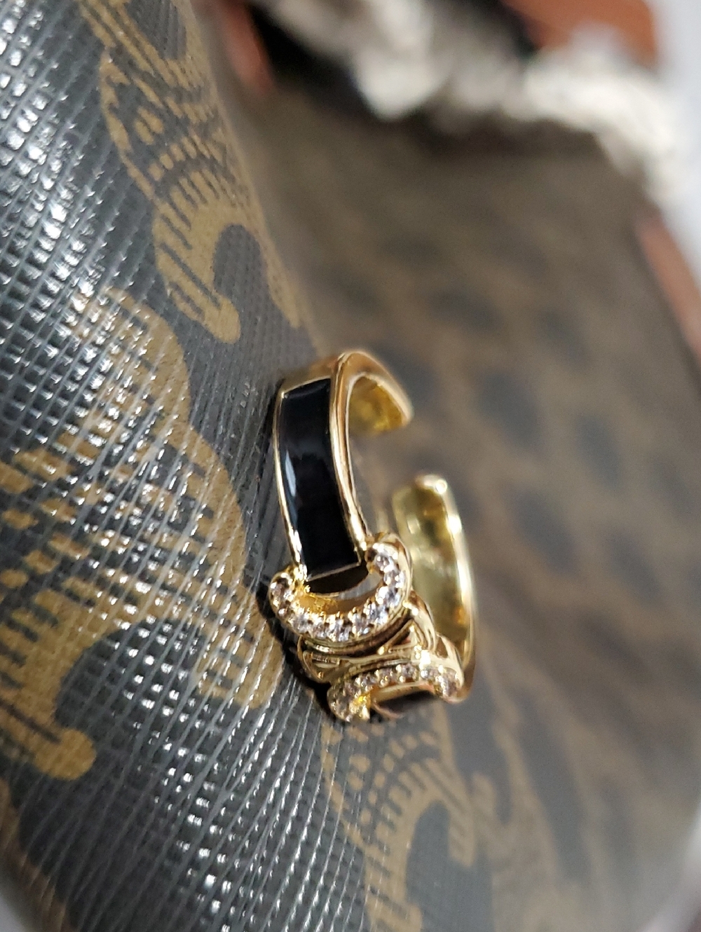 Celine Gold-Tone Ring with Black Enamel and Crystal Logo Accent Fashion Ring - Picture 4 of 5